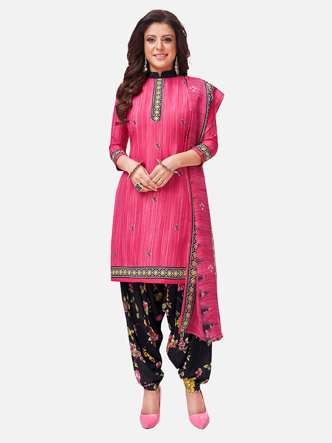 

SALWAR STUDIO Pink & Black Embroidered Unstitched Dress Material