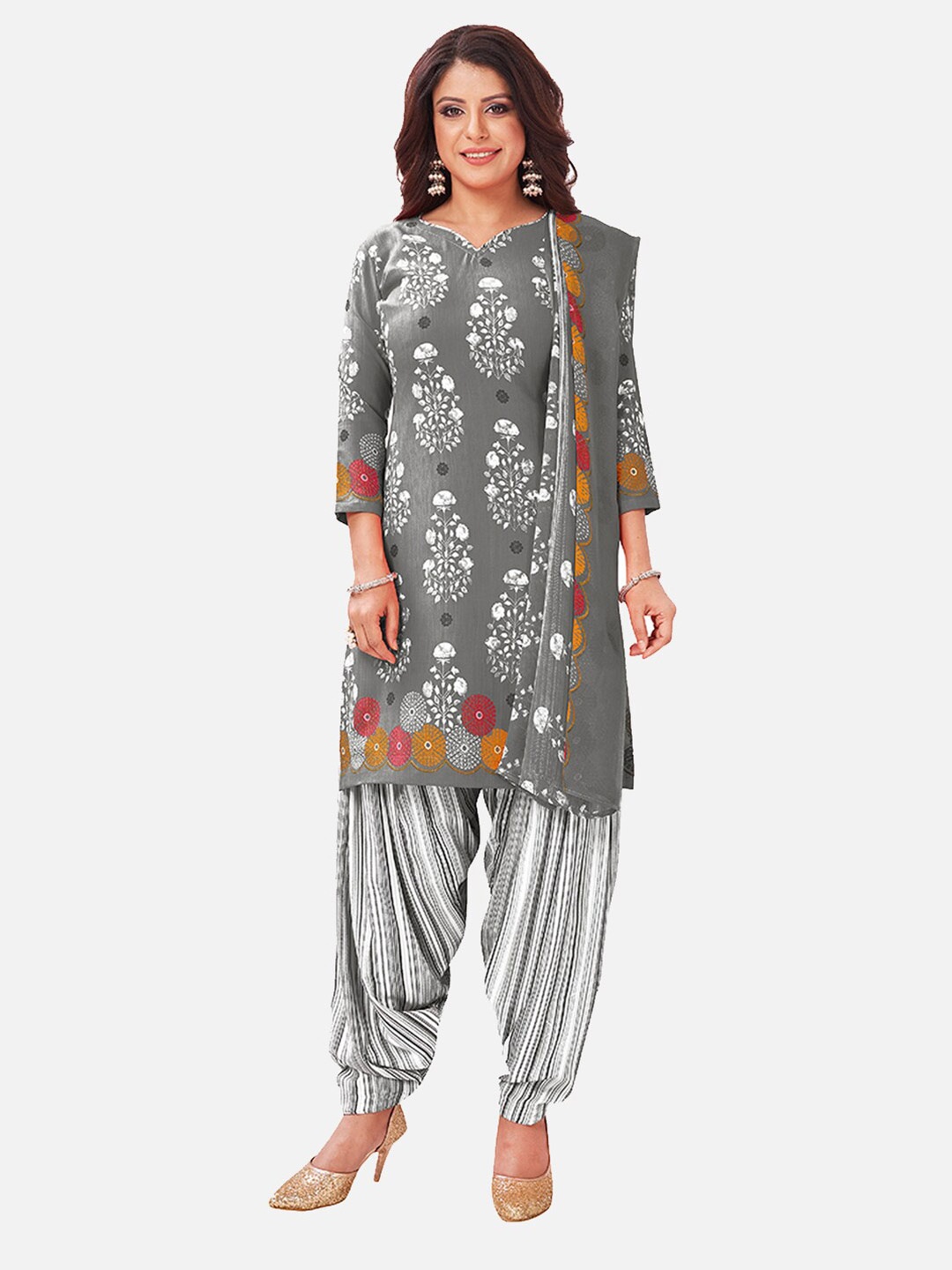 

SALWAR STUDIO Grey & White Printed Unstitched Dress Material