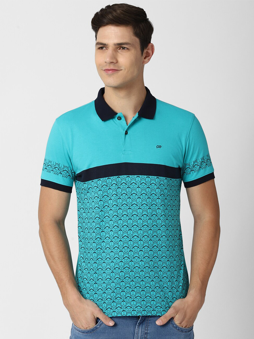 

Peter England Casuals Men Blue Printed Polo Collar Slim Fit T-shirt