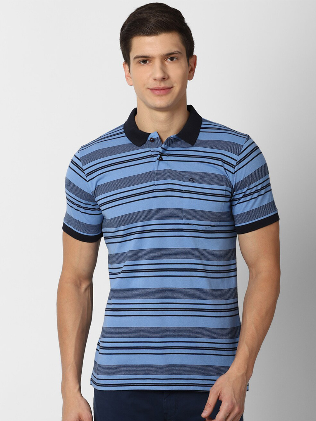 

Peter England Casuals Men Blue Striped Polo Collar T-shirt
