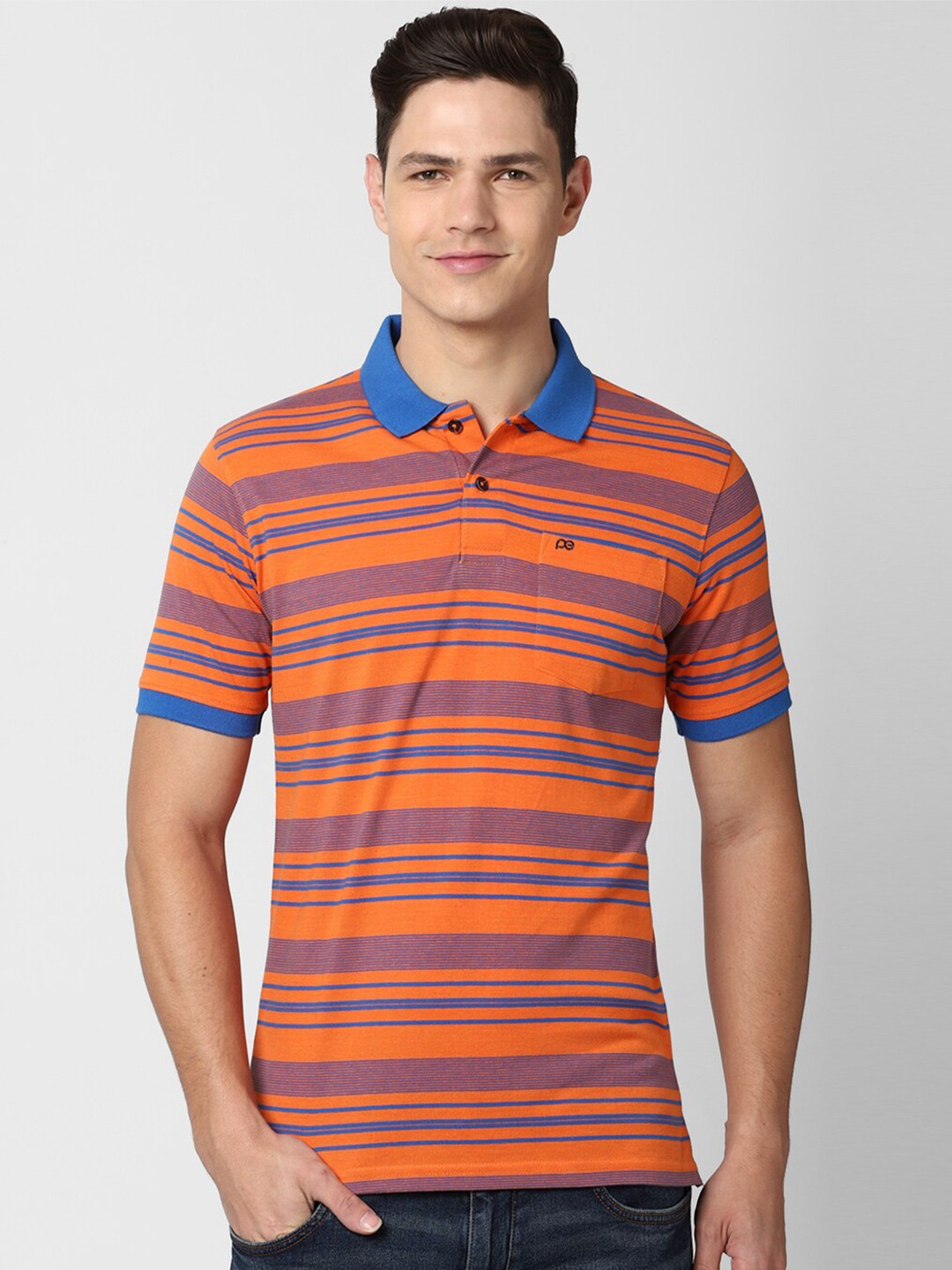 

Peter England Casuals Men Orange Striped Polo Collar T-shirt