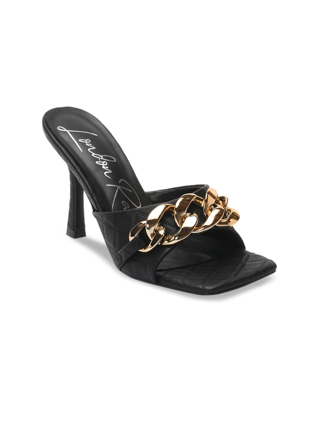 

London Rag Black & Gold-Toned Embellished PU Party Block Mules