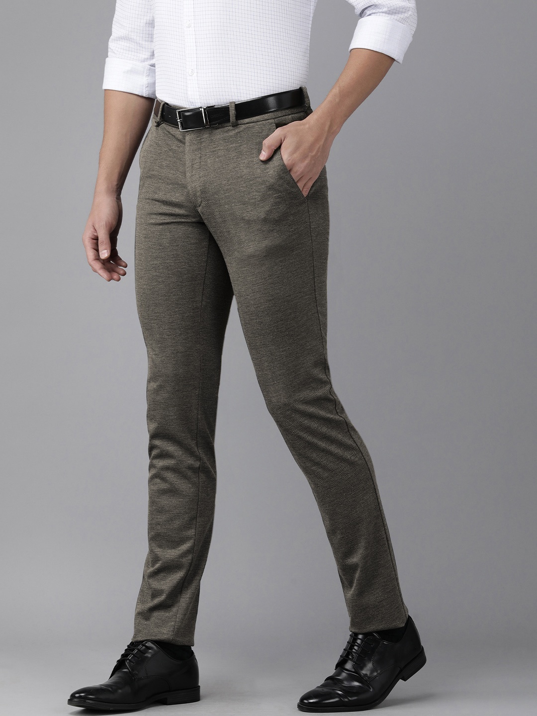 

Van Heusen Men Charcoal Self Designed Mid Rise Slim Fit Formal Trousers
