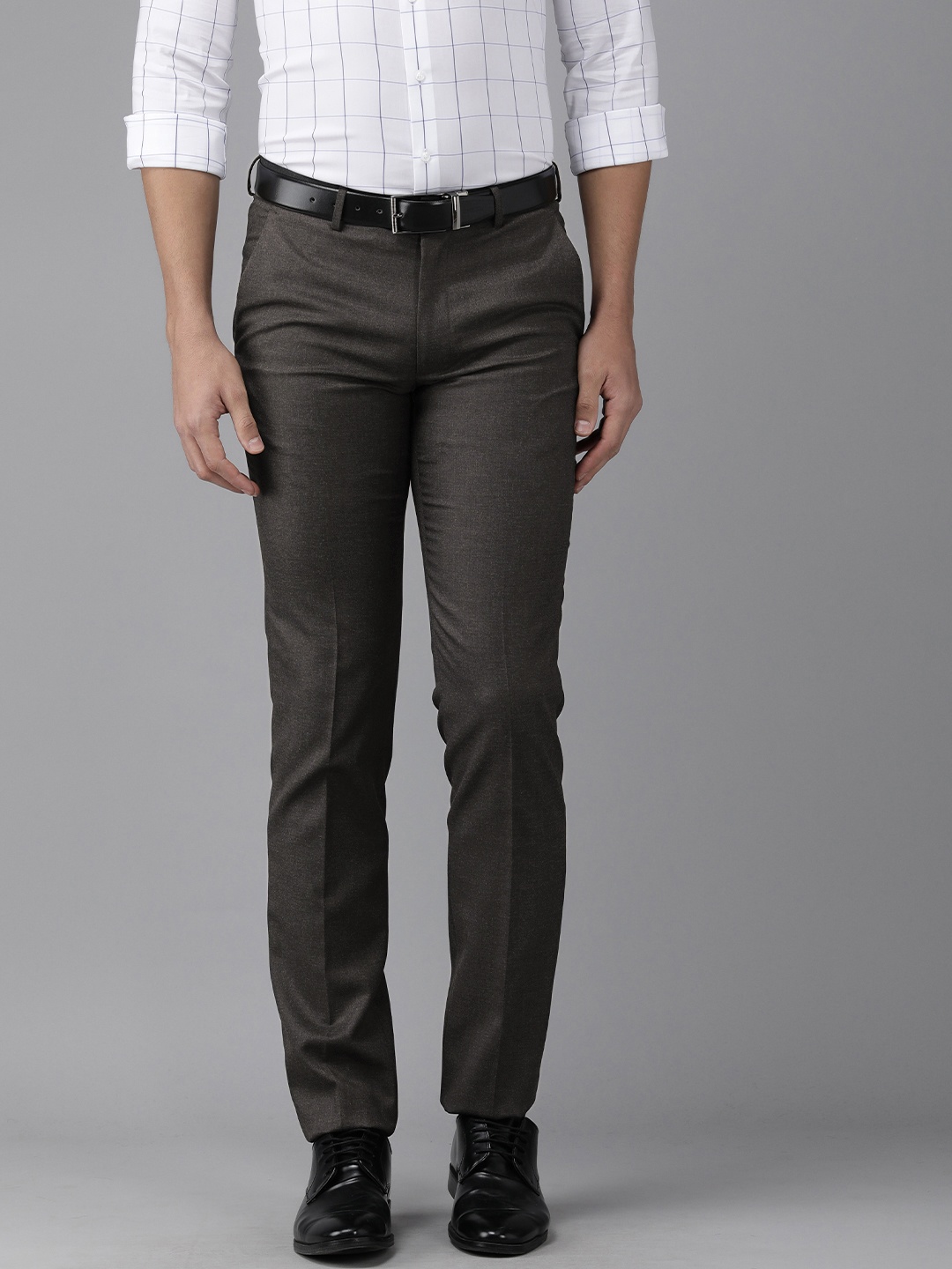 

Van Heusen Men Charcoal Self Designed Mid Rise Slim Fit Trousers