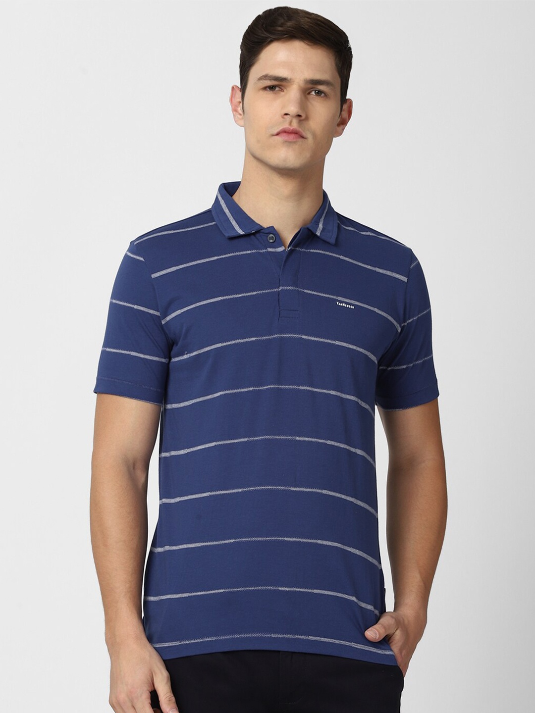 

Van Heusen Men Navy Blue Striped Polo Collar T-shirt