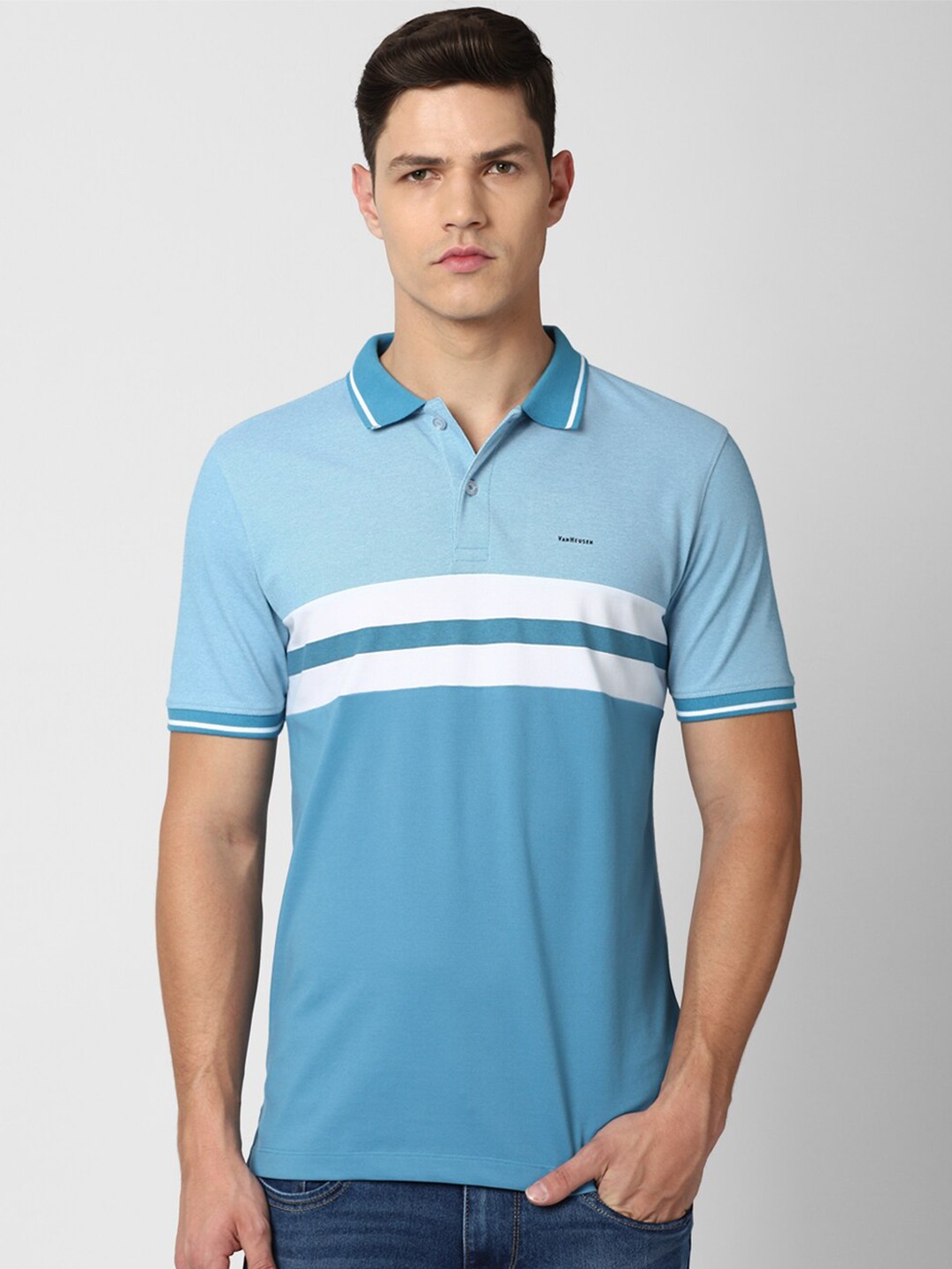 

Van Heusen Men Blue Striped Polo Collar Cotton T-shirt