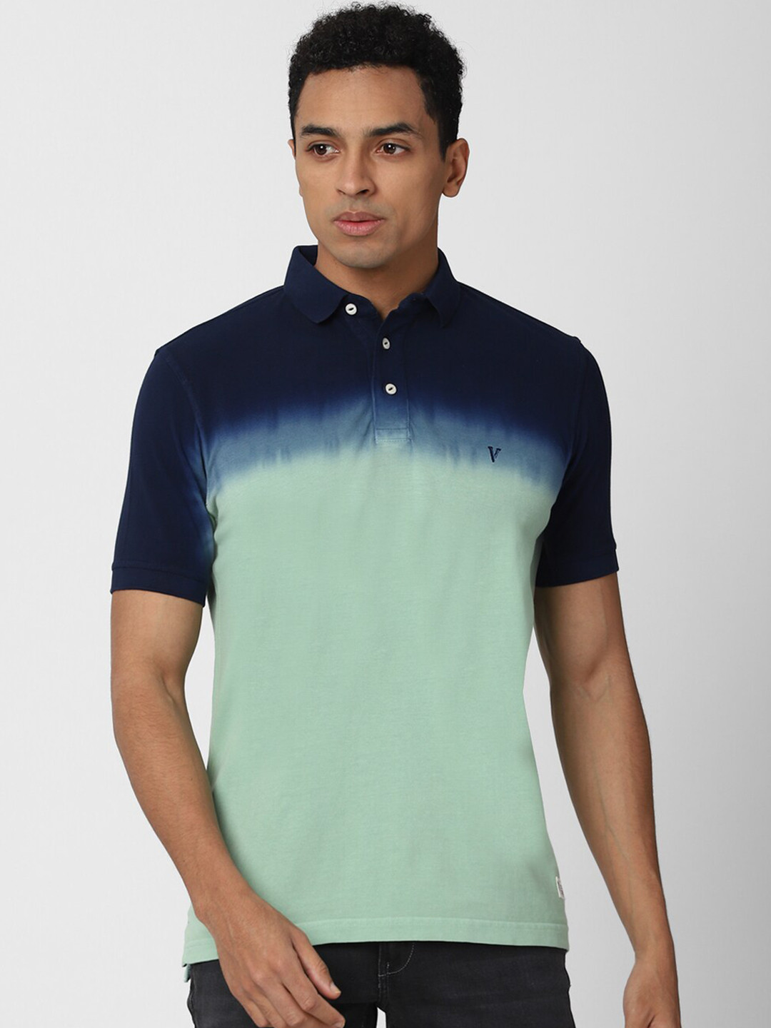 

VAN HEUSEN DENIM LABS Men Green & Navy Blue Colourblocked Polo Collar T-shirt