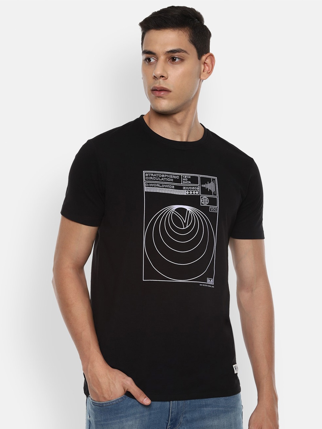 

VAN HEUSEN DENIM LABS Men Black Graphic Printed Regular-Fit Pure Cotton T-shirt