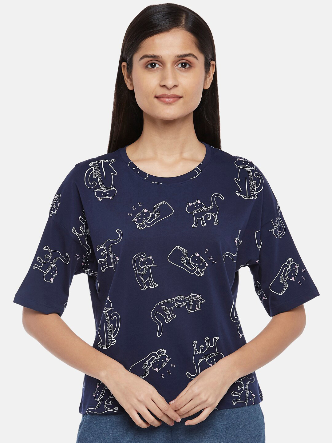 

Dreamz by Pantaloons Navy Blue Kitty Print Pure Cotton Regular Lounge tshirt