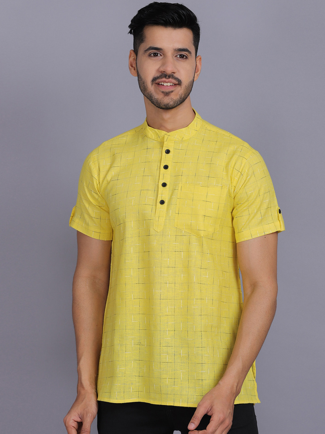 

Waahiba Men Yellow Printed Cotton Kurta