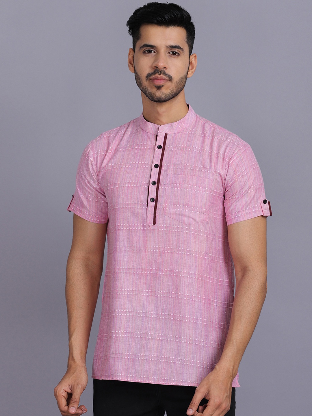 

Waahiba Men Magenta Striped Thread Work Cotton Kurta