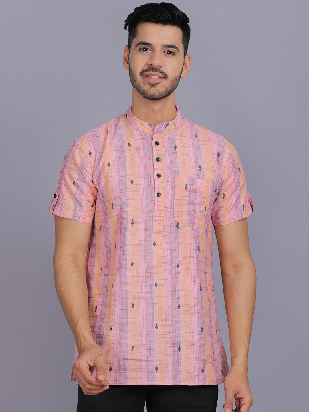 

Waahiba Men Pink & Purple Striped Cotton Kurta