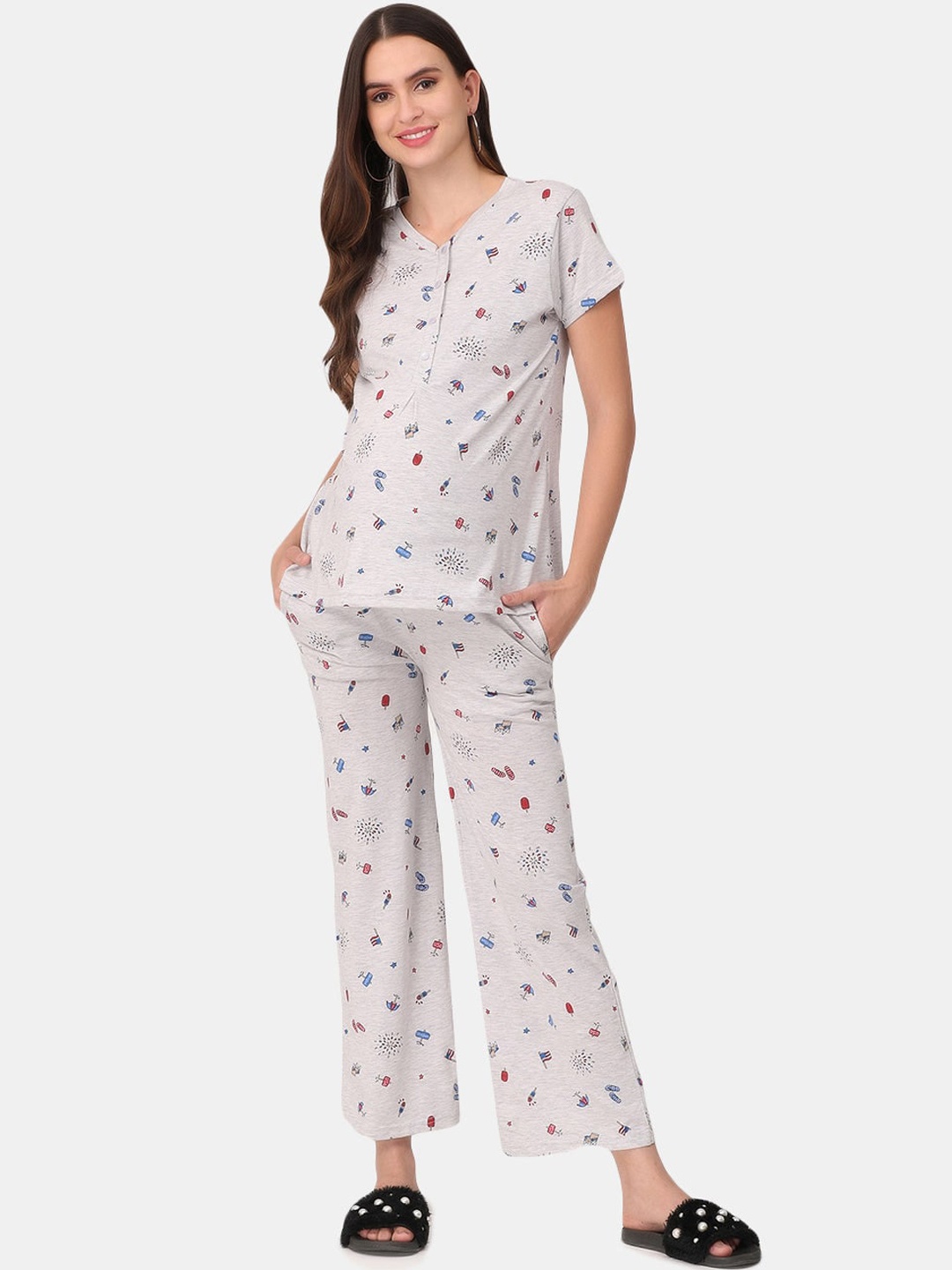 

The Mom Store Women Grey Melange & Red Maternity and Nursing Printed Night suit