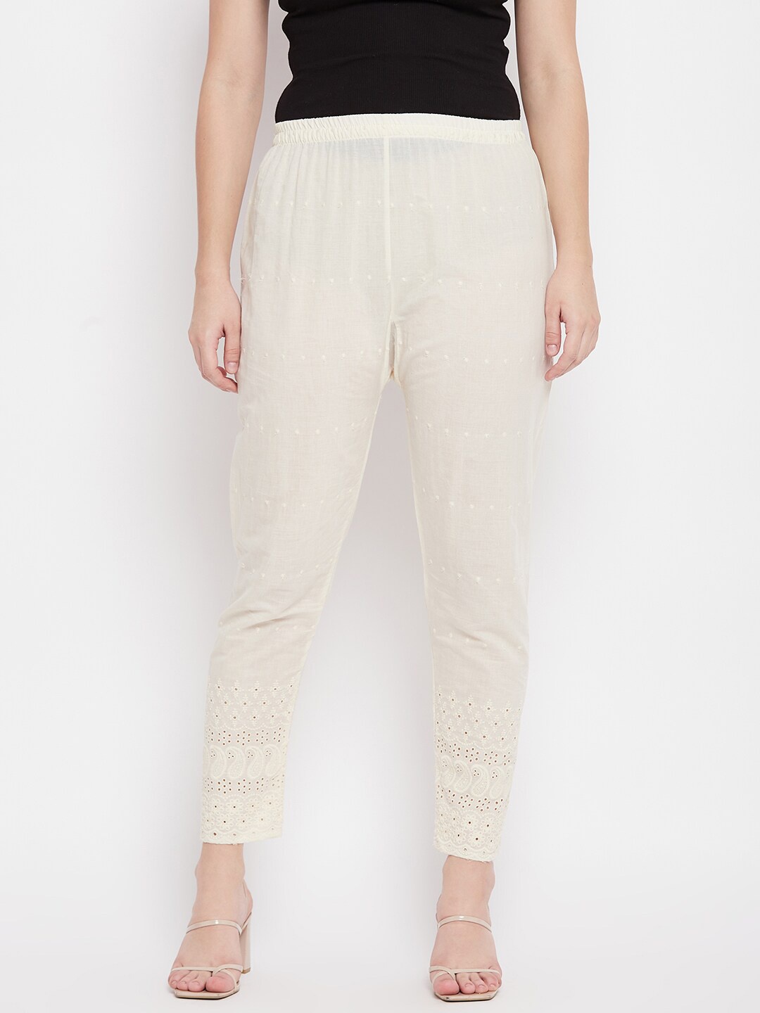 Clora Creation Women Cream-Coloured Self Design Cotton Palazzos