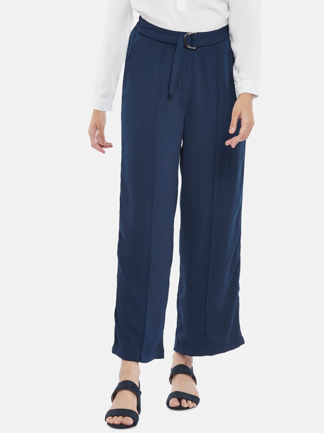 

Annabelle by Pantaloons Women Navy Blue Straight Fit High-Rise Pleated Trousers