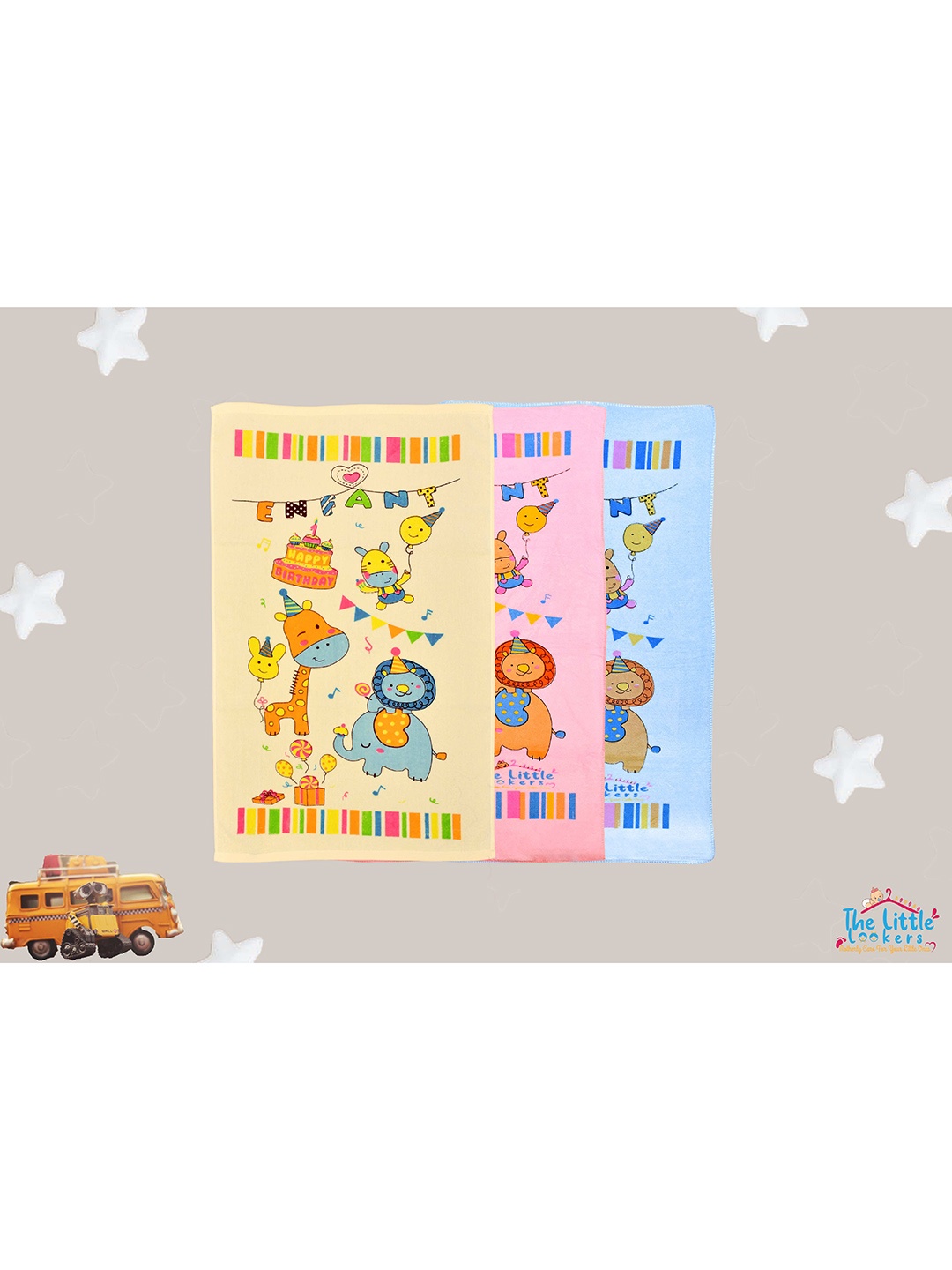 The Little Lookers Infant Kids Set Of 3 Printed 354 GSM Bath Towels, Pink