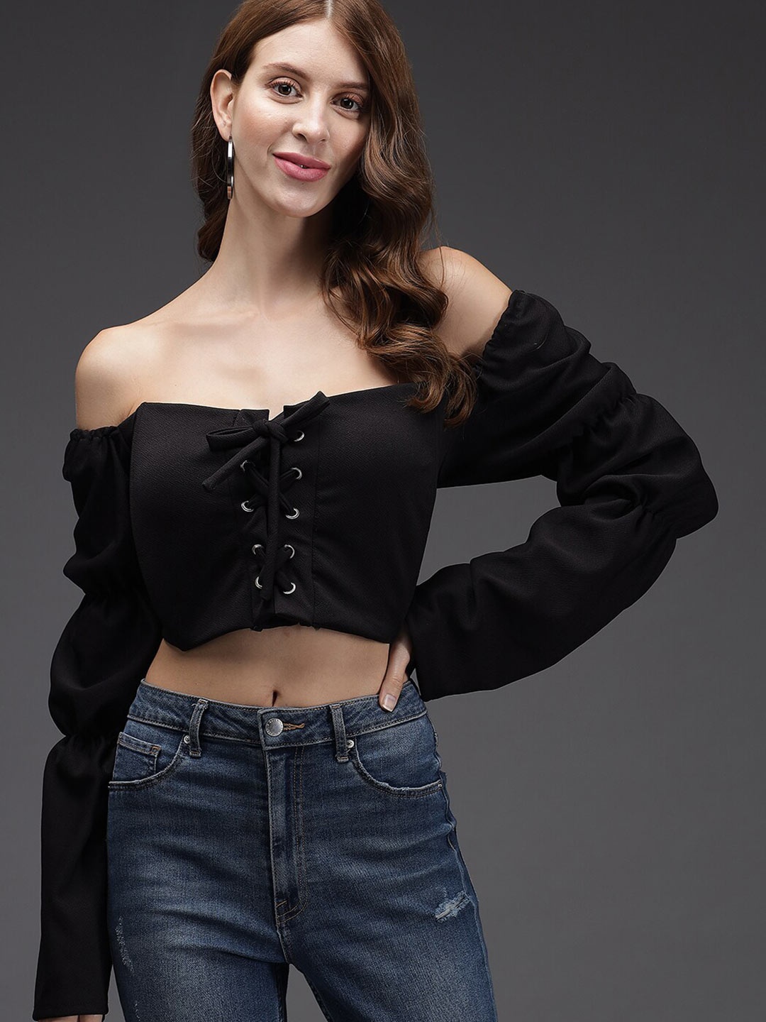

Darzi Black Off-Shoulder Bardot Crop Top