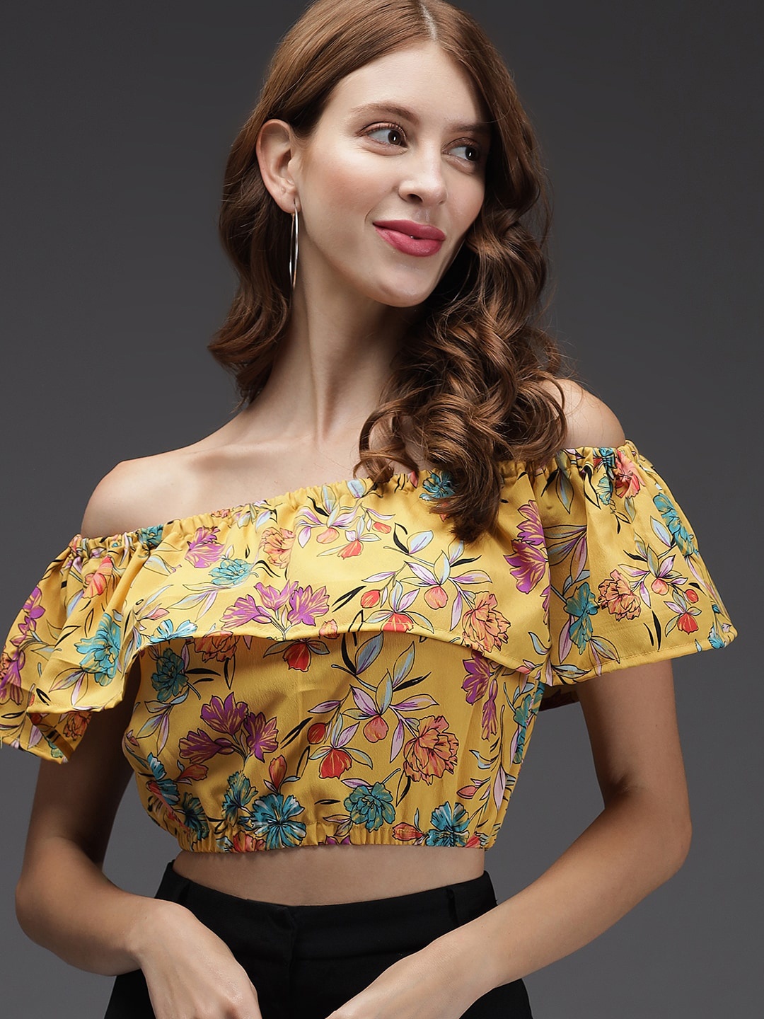 

Darzi Multicoloured Floral Print Off-Shoulder Crepe Bardot Crop Top, Multi