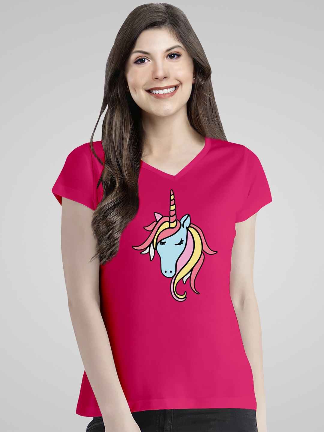 

Pootlu Women Pink Printed V-Neck Cotton T-shirt