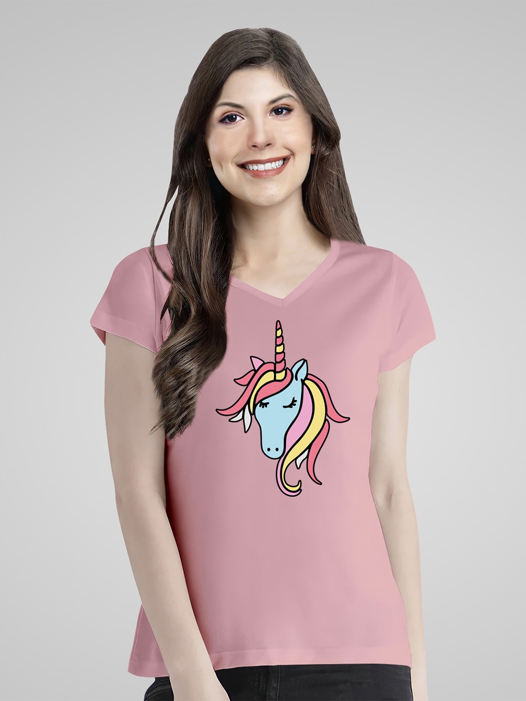 

Pootlu Women Pink Printed V-Neck Extended Sleeves T-shirt
