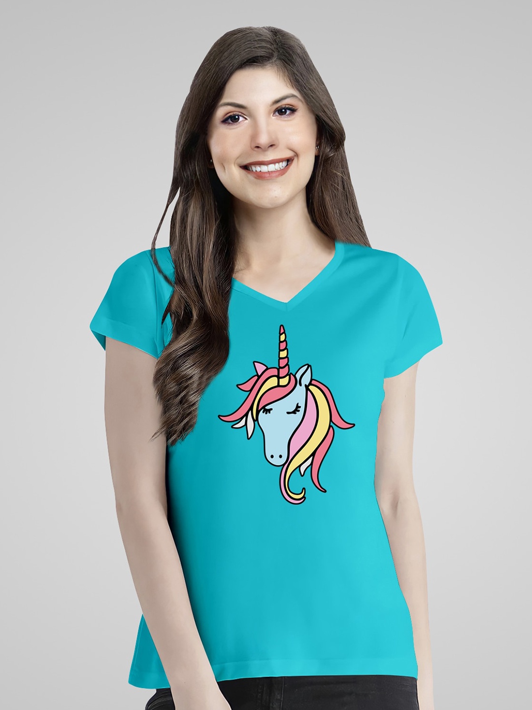 

Pootlu Women Blue Printed V-Neck Pure Cotton T-shirt