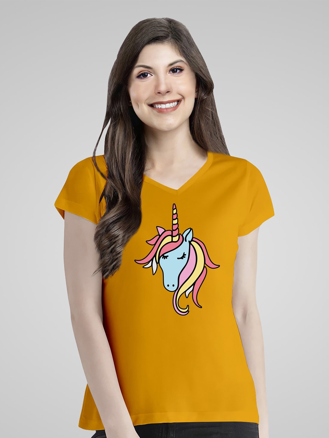 

Pootlu Women Yellow Printed V-Neck T-shirt