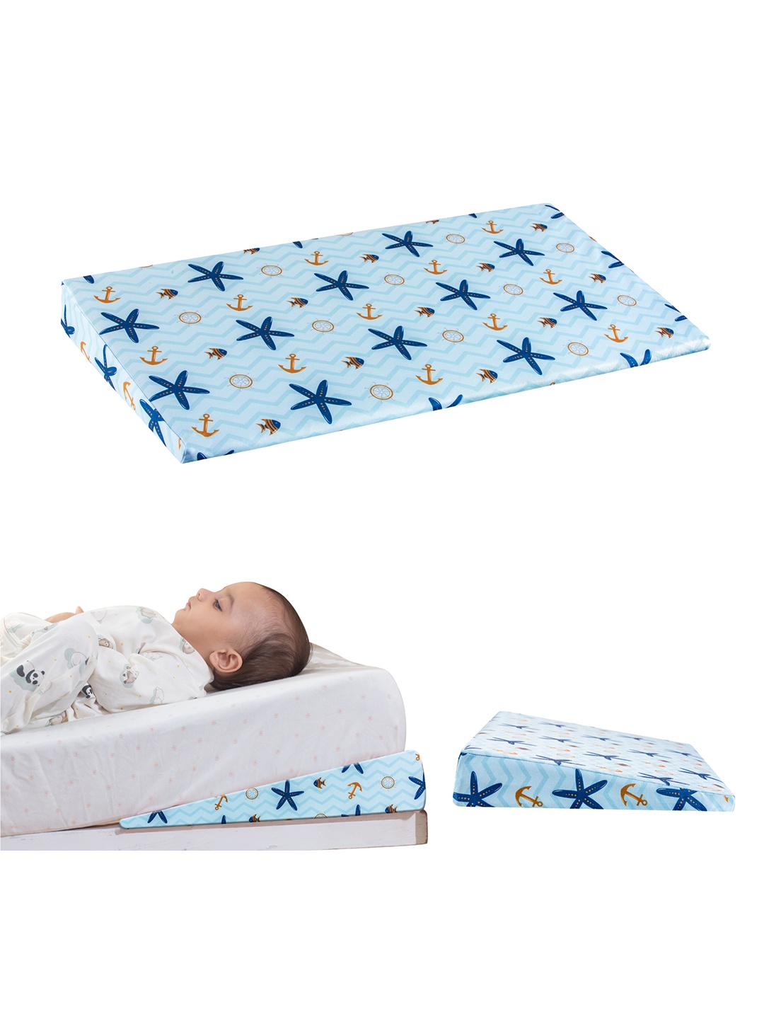 

The White Willow Blue Printed Soft Foam Baby Full Crib Wedge Pillow