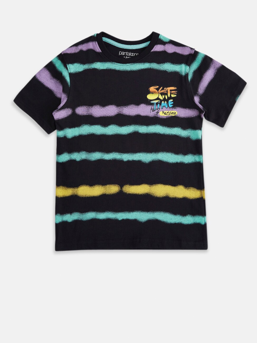 

Pantaloons Junior Boys Black & Sea Green Striped Cotton T-shirt