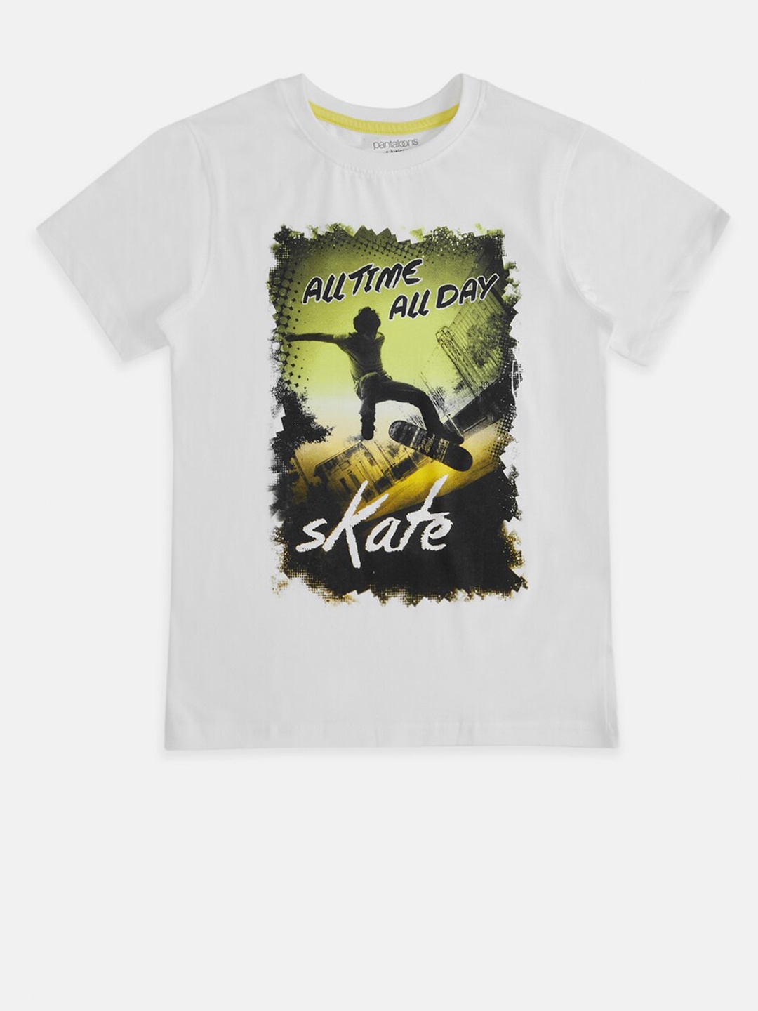 Pantaloons Junior Boys White & Green Printed Cotton T-shirt