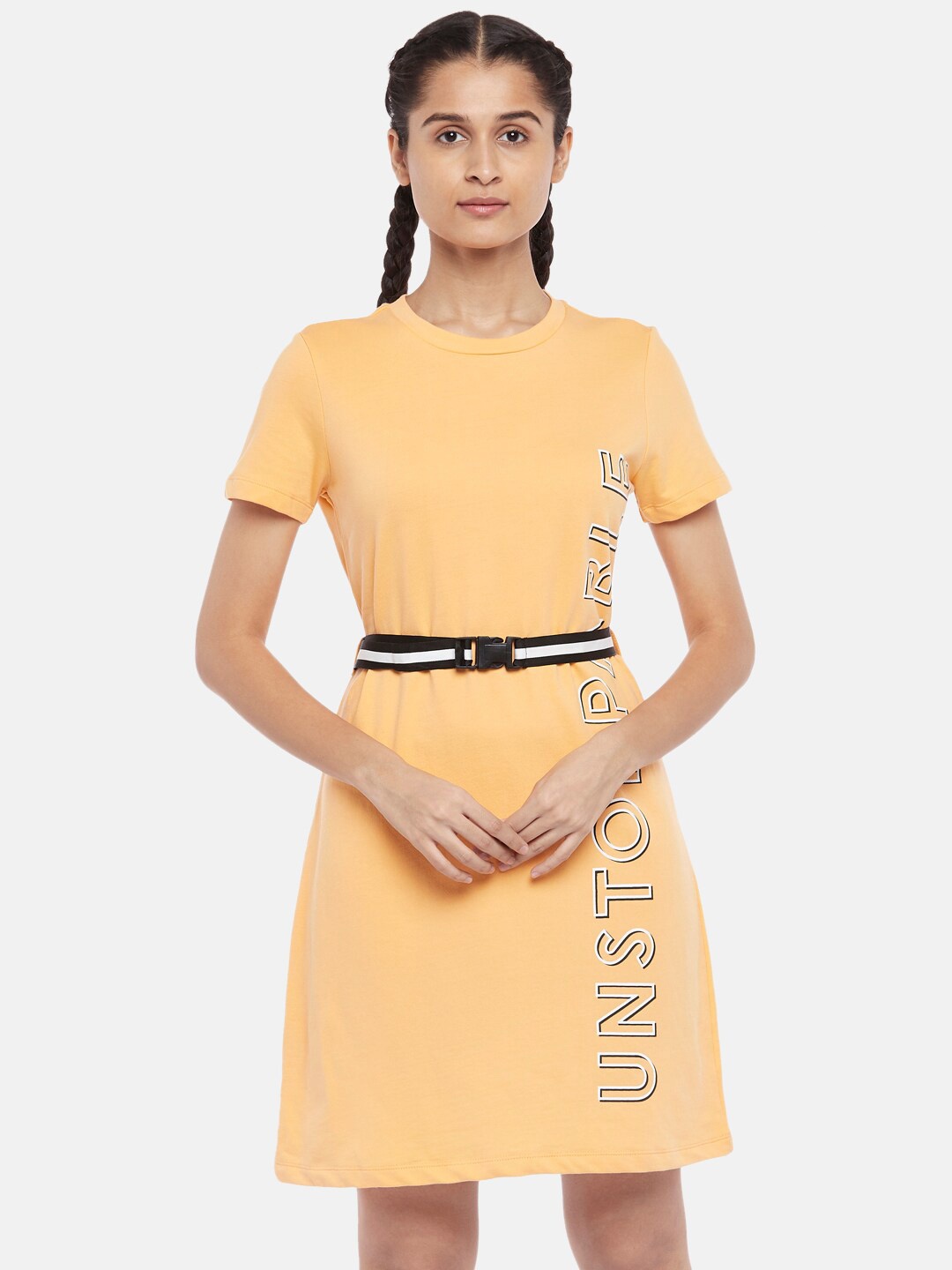 

Ajile by Pantaloons Orange & Black Cotton T-shirt Dress