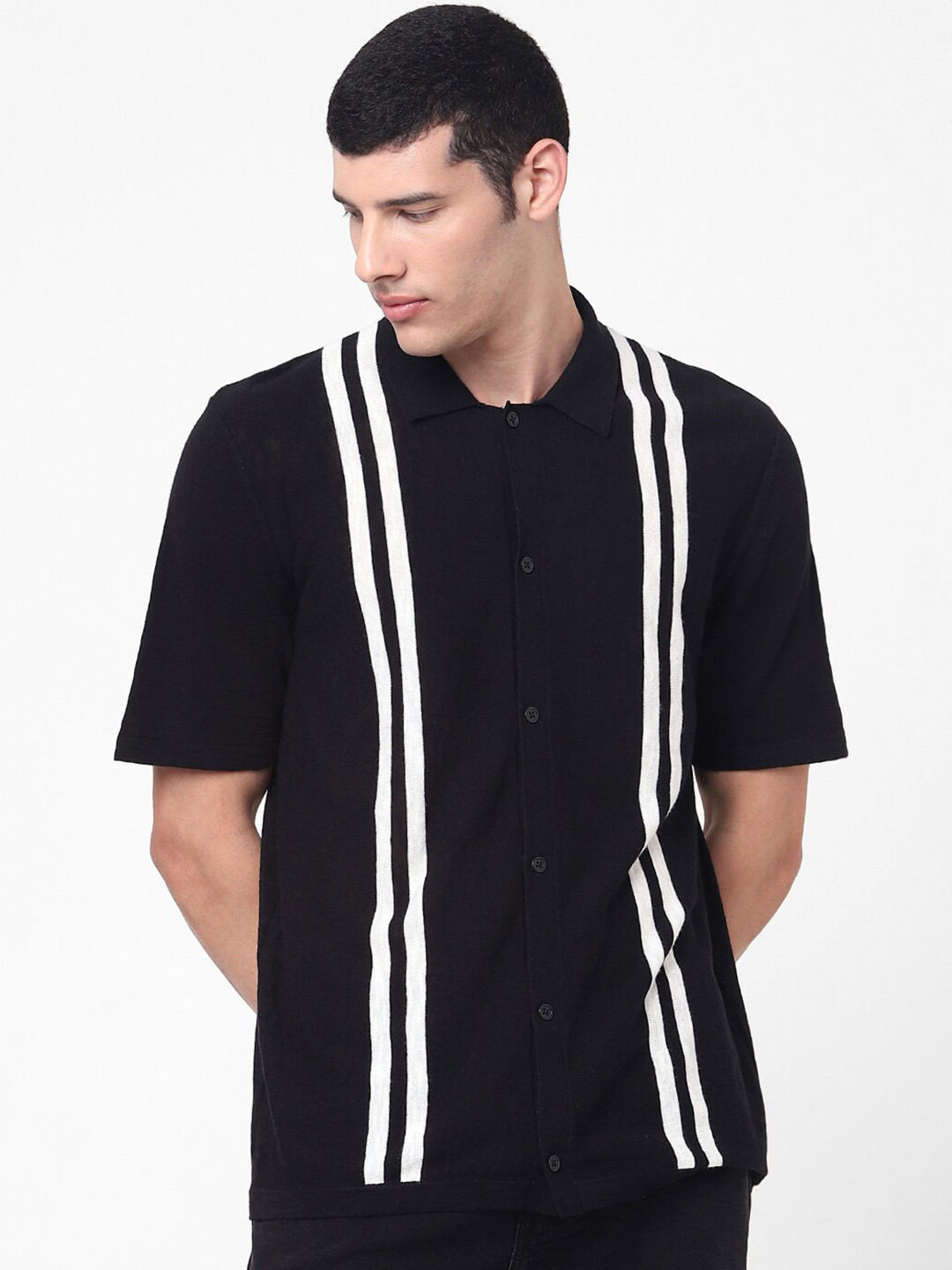 

Celio Men Black & White Striped Polo Collar T-shirt