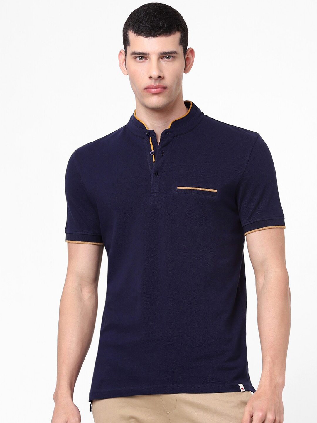 Celio Men Navy Blue Mandarin Collar Cotton T-shirt