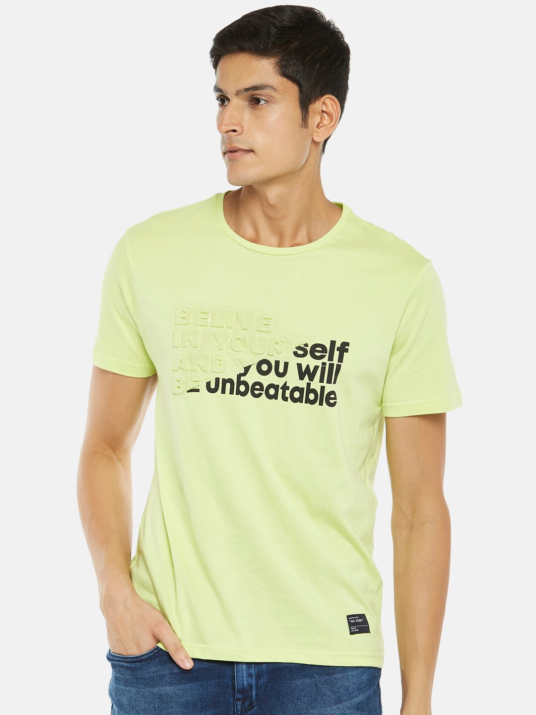 

People Men Lime Green Typography Printed Cotton T-shirt