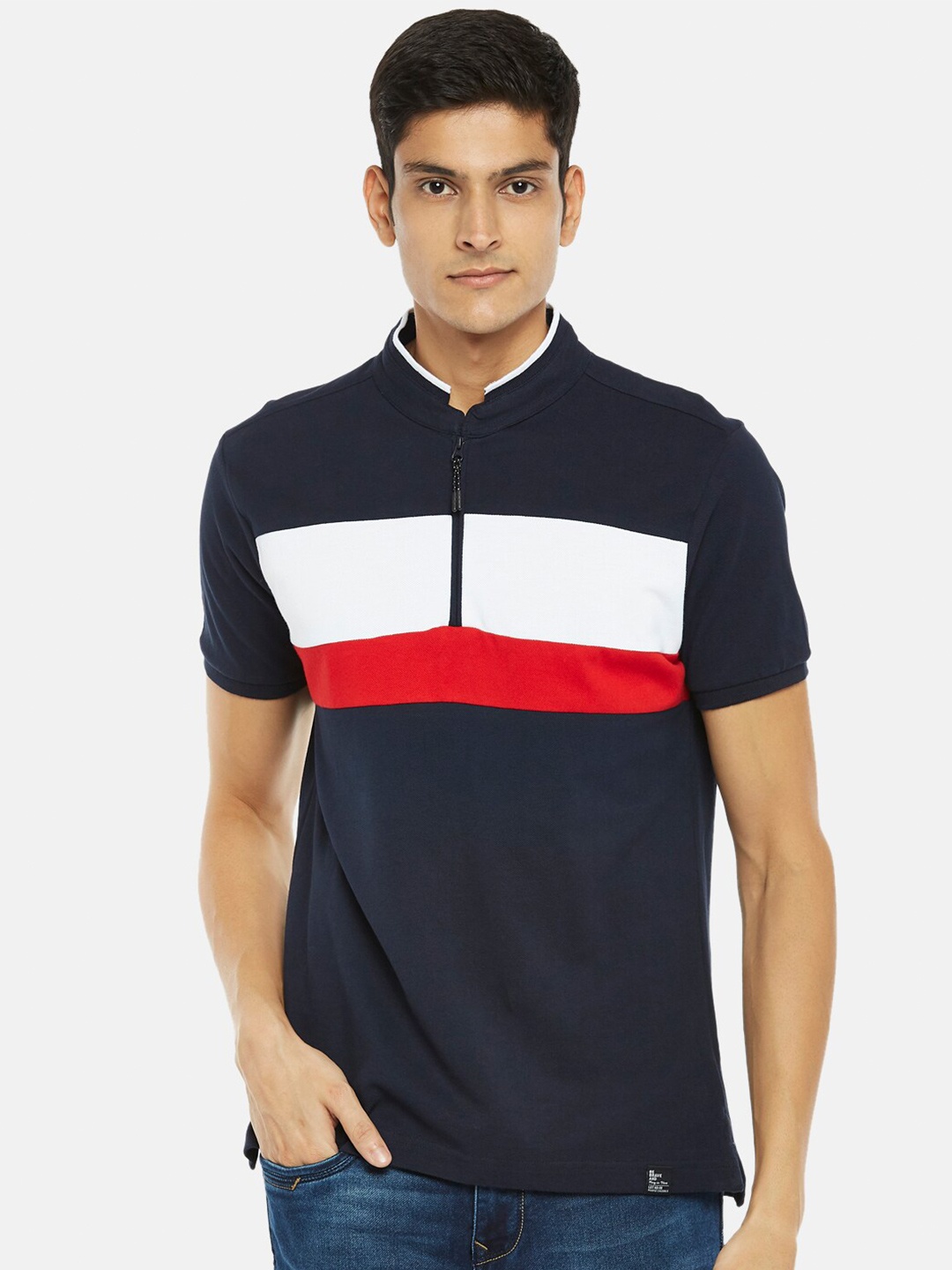 

People Men Navy Blue & Red Striped High Neck Pure Cotton T-shirt