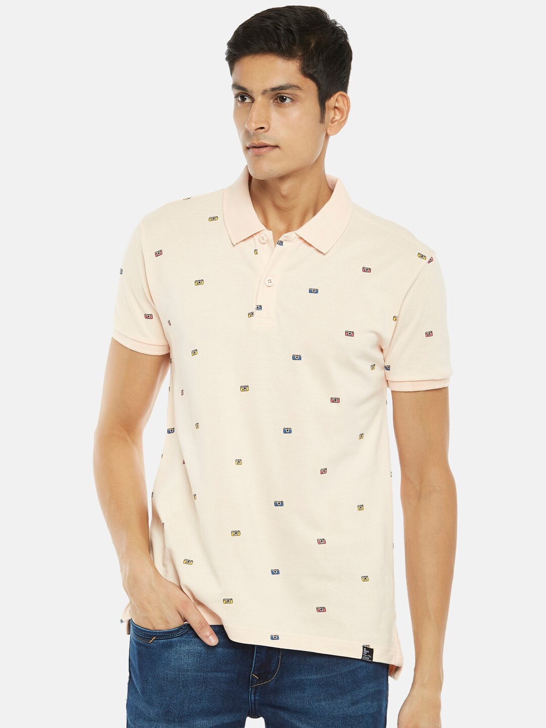 

People Men Pink Printed Polo Collar Pure Cotton T-shirt