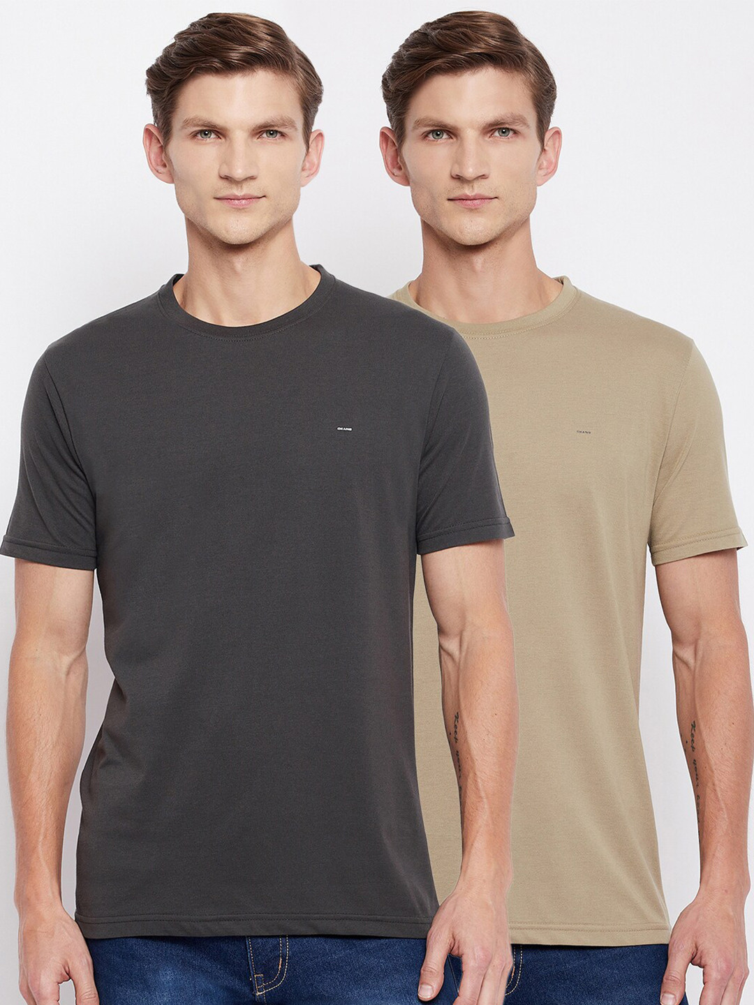 

Okane Men Set Of 2 Charcoal Grey & Beige Solid Cotton T-shirt