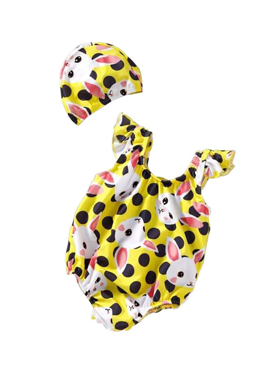 

Yellow Bee Girls Yellow & Black Polka Dots Bunny Printed Swim Suit With Swim Cap