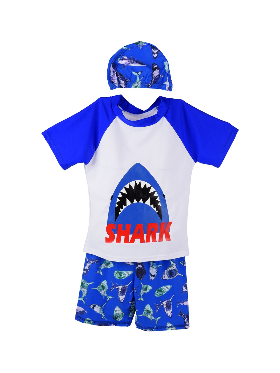 

Yellow Bee Boys Blue & Blue Shark Print Swimwear with Cap