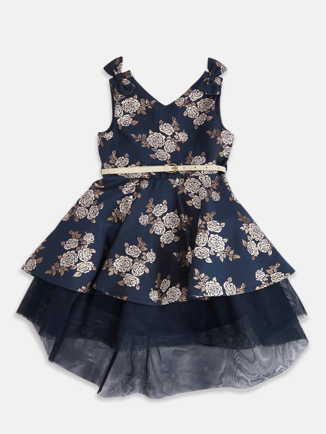 Pantaloons Junior Navy Blue Floral Satin Fit and Flare Dress