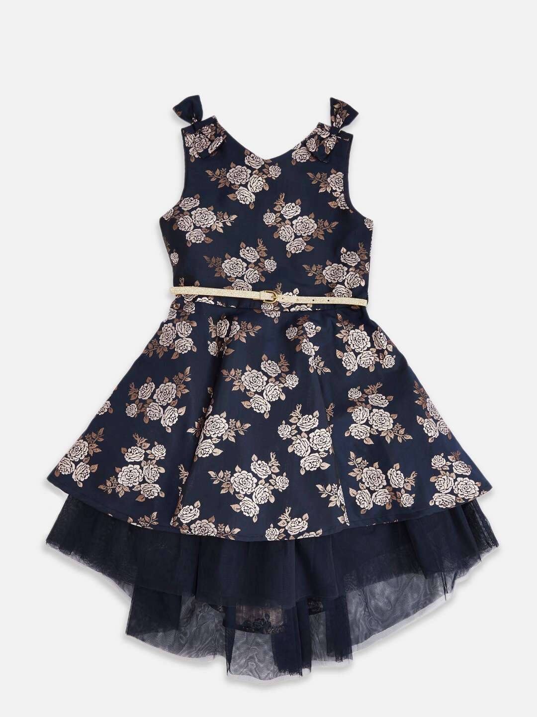 

Pantaloons Junior Navy Blue Floral Satin Fit and Flare Dress