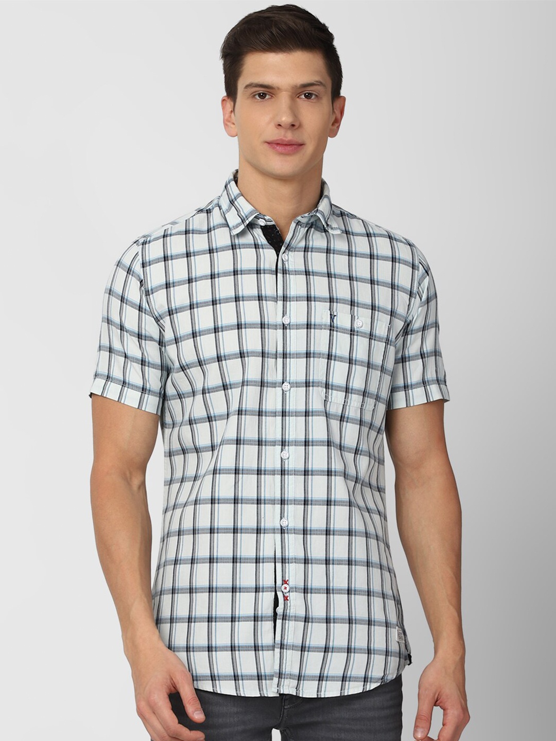 

VAN HEUSEN DENIM LABS Men Grey Slim Fit Windowpane Checks Checked Casual Shirt