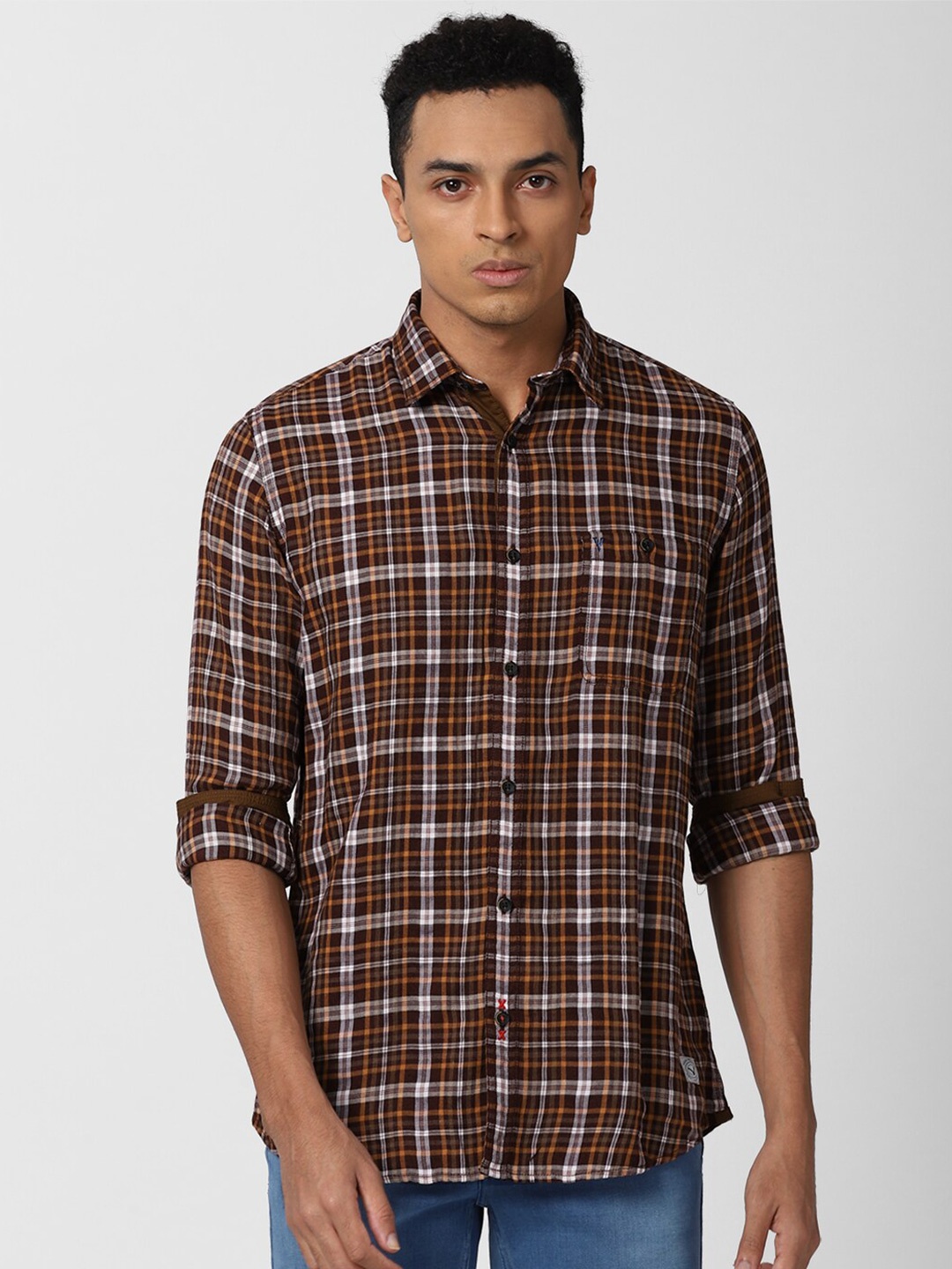 

VAN HEUSEN DENIM LABS Men Brown Tartan Checked Slim Fit Pure Cotton Casual Shirt