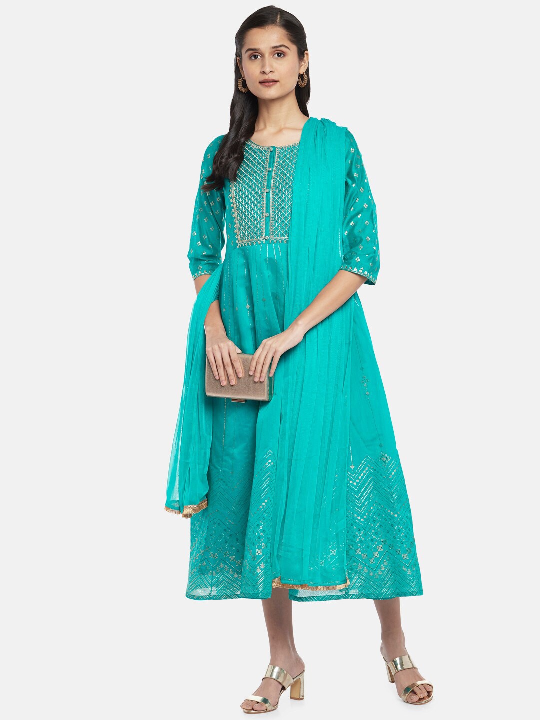 

RANGMANCH BY PANTALOONS Turquoise Blue Ethnic Chanderi A-Line Midi Dress With Dupatta