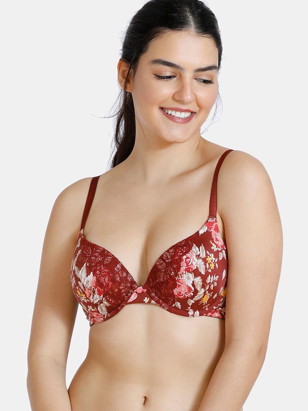

Zivame Red Floral Printed Underwired Lightly Padded Push Up Bra