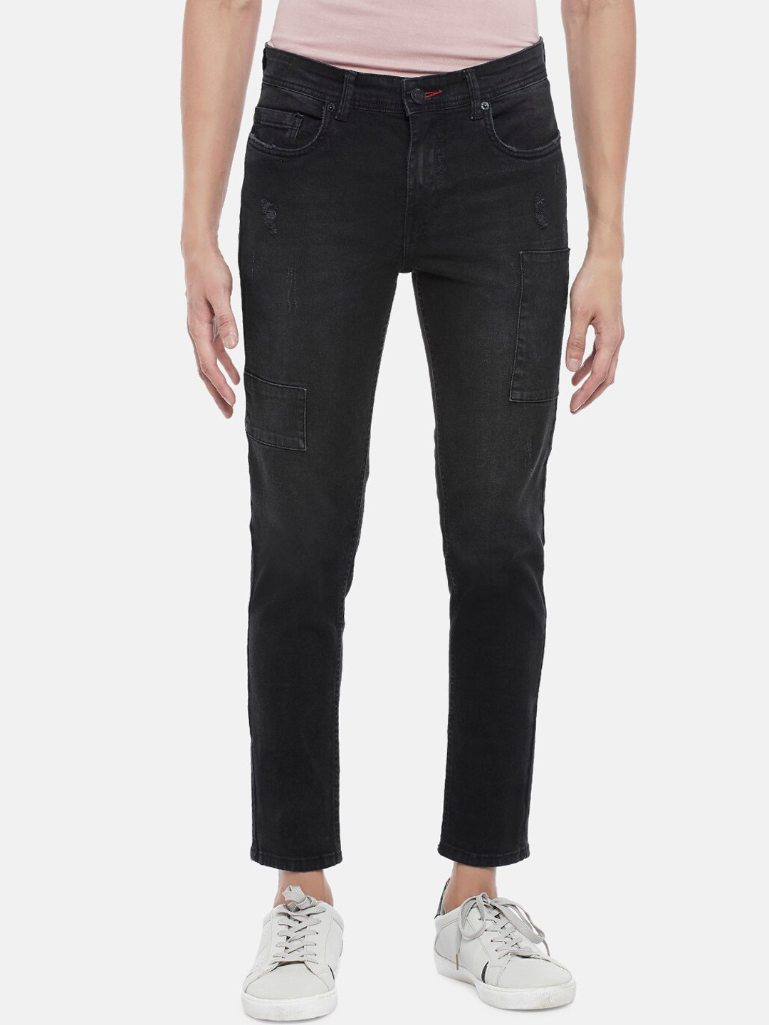 

People Men Black Solid Mid Rise Non Stretchable Skinny Fit Low Distress Jeans
