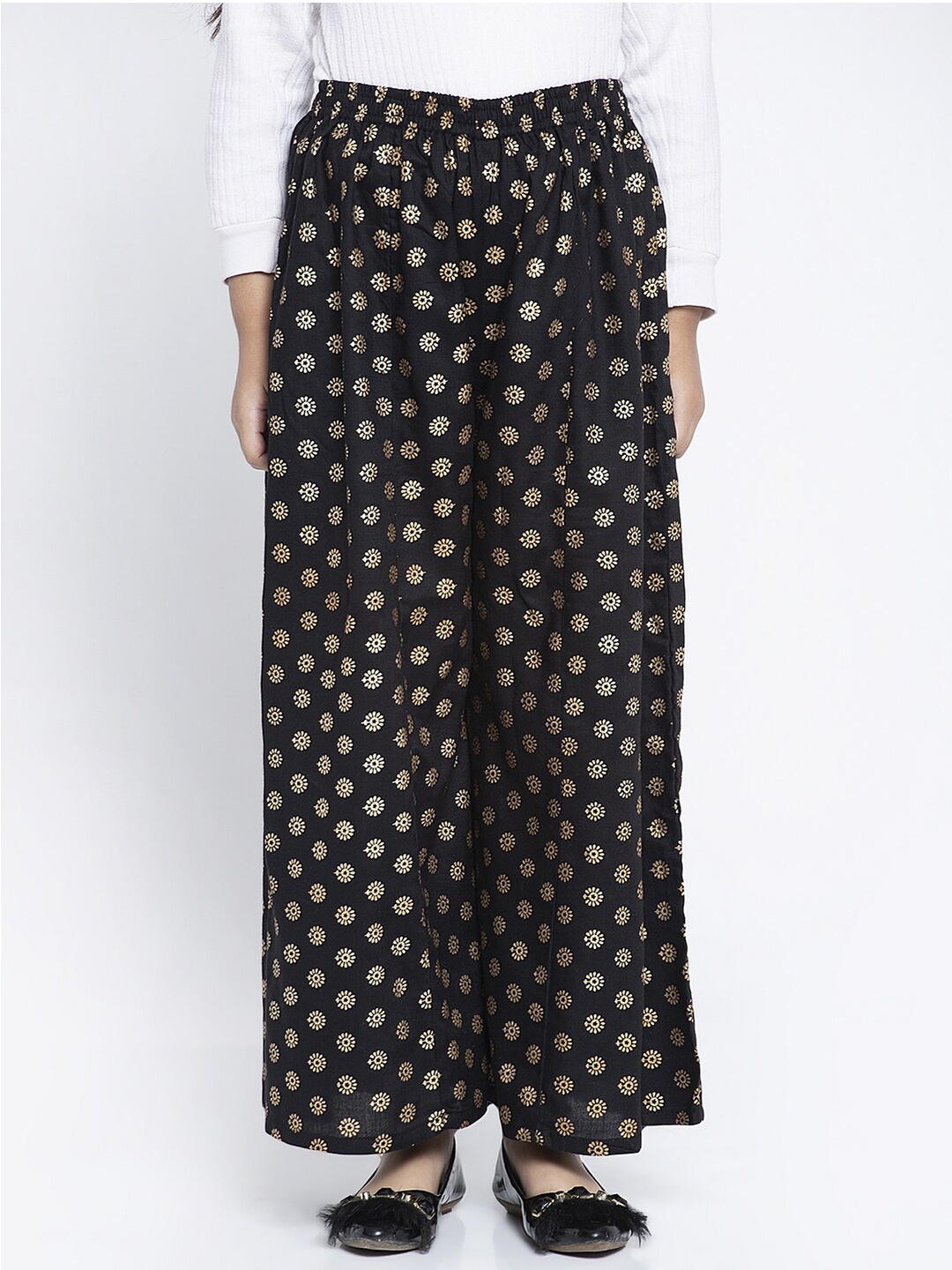 

KYDZI Girls Black & Gold-Toned Ethnic Motifs Printed Ethnic Palazzos