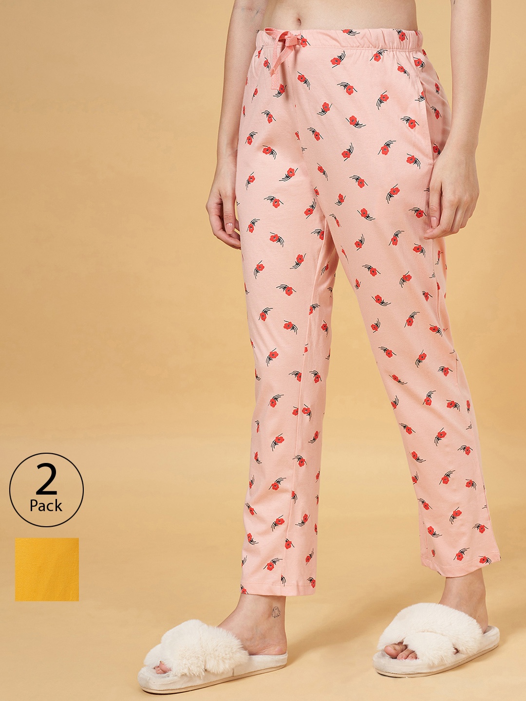 

Dreamz by Pantaloons Women Pack of 2 Printed Pure Cotton Lounge Pants, Peach