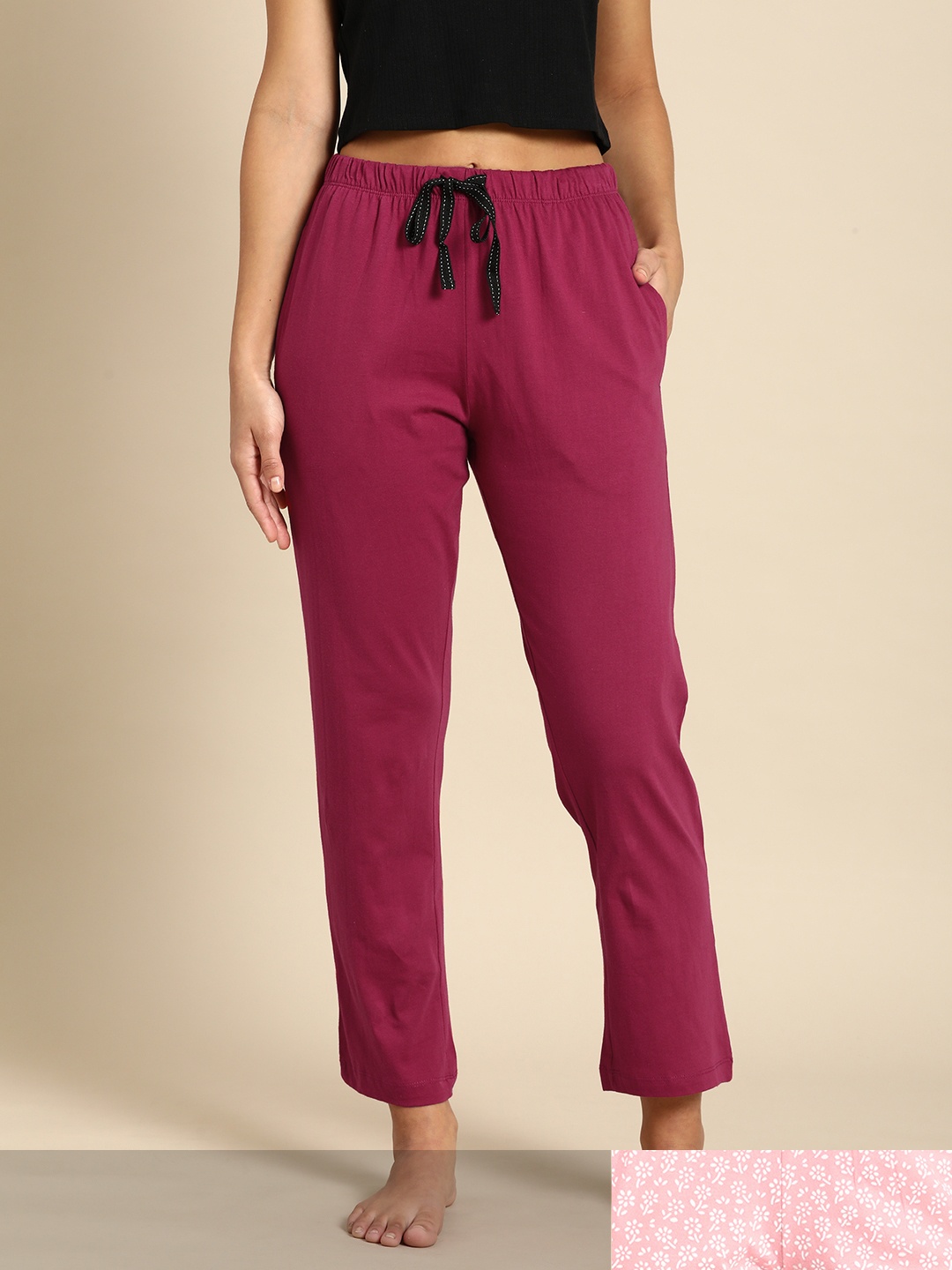 

Dreamz by Pantaloons Women Set Of 2 Pink & Maroon Printed Lounge Pants