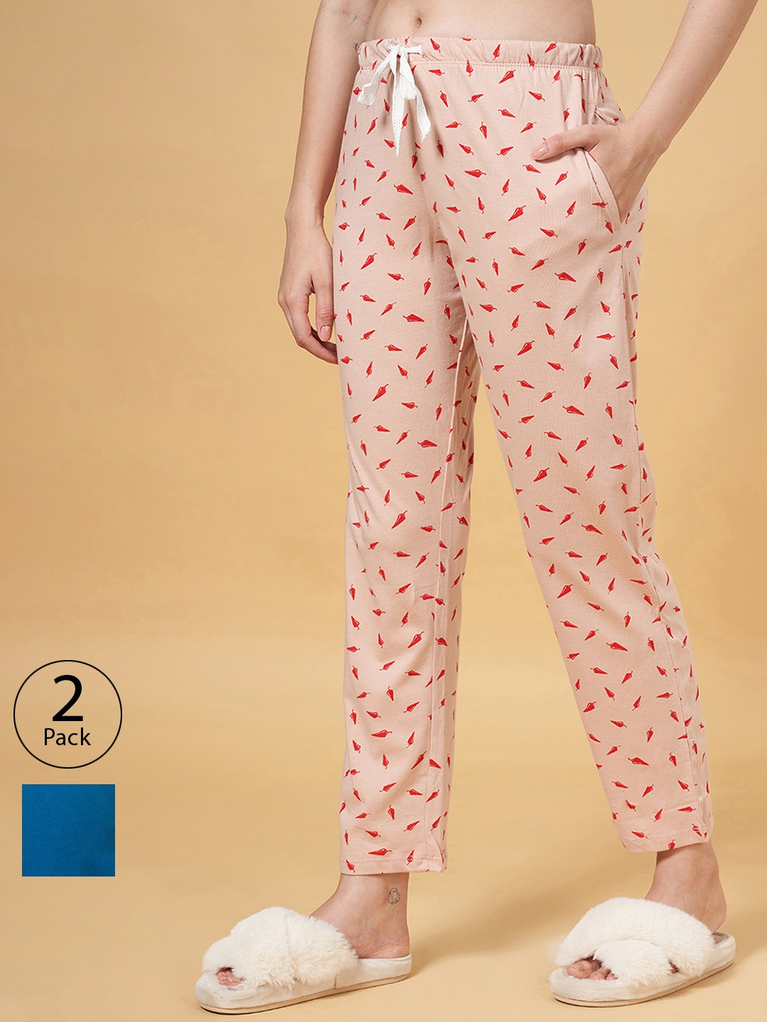 

Dreamz by Pantaloons Women Pack Of 2 Pure Cotton Lounge Pants, Peach