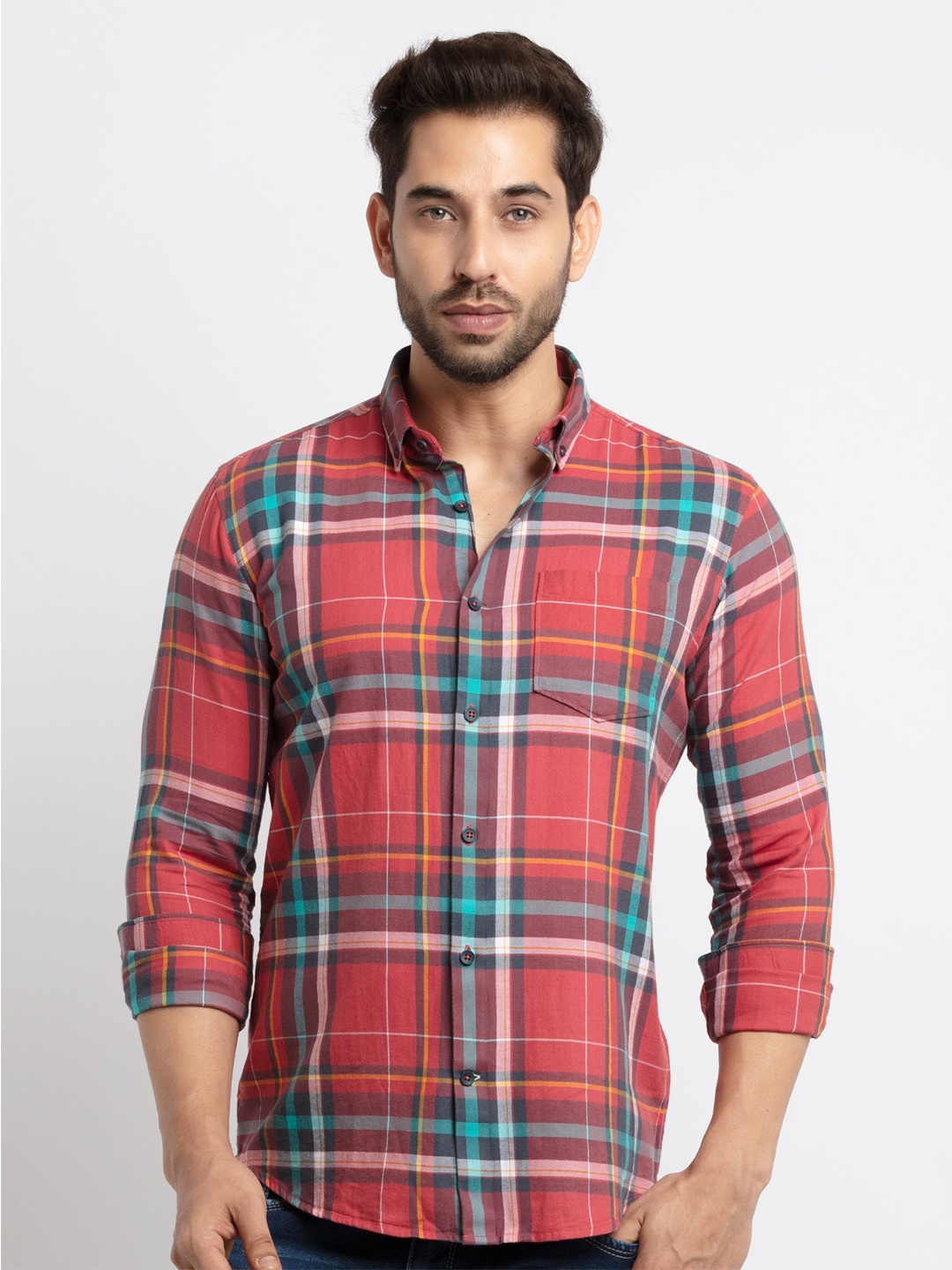 

Status Quo Men Pink Slim Fit Tartan Checks Checked Cotton Casual Shirt